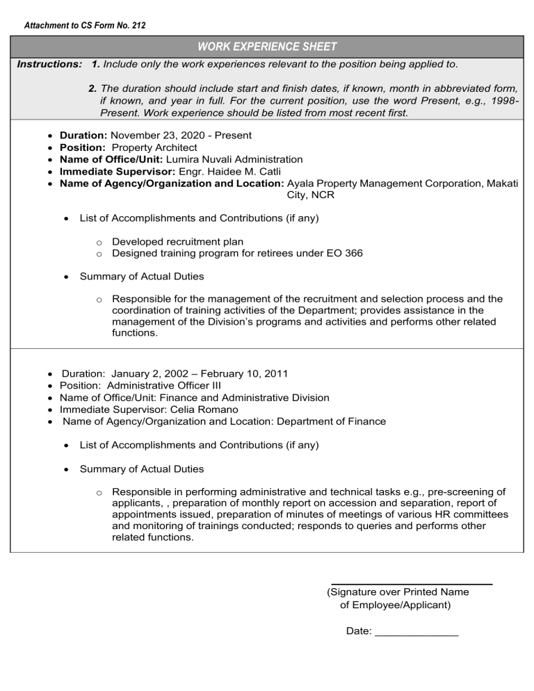 CS Form No 212 Attachment Work Experience Sheet