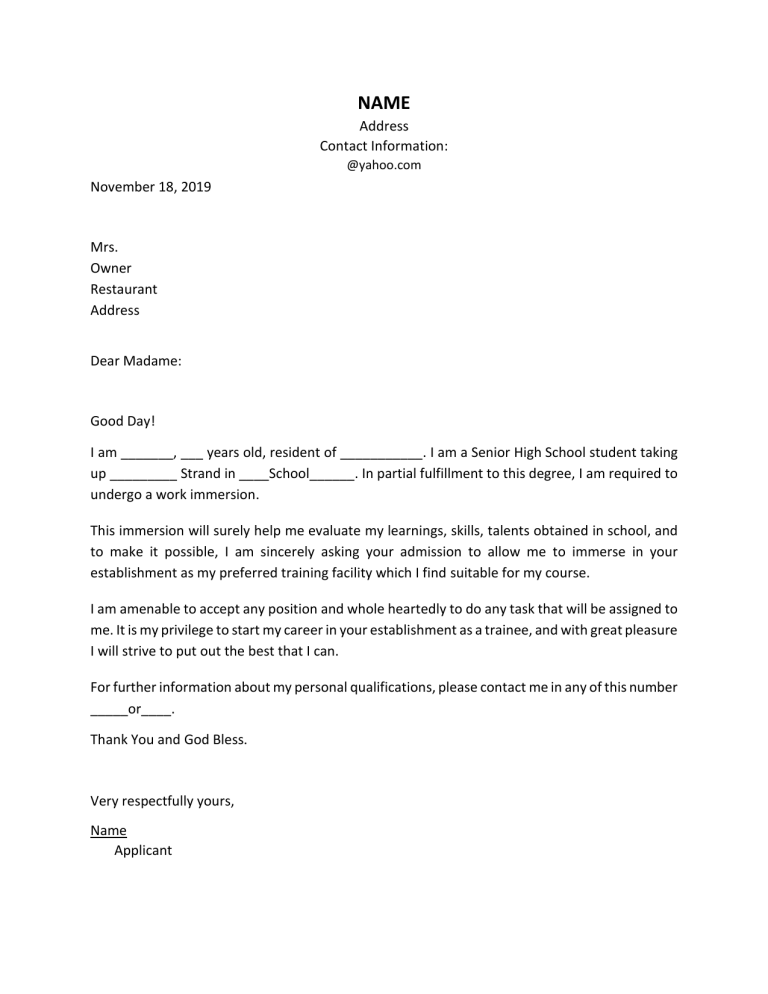 sample application letter for shs work immersion