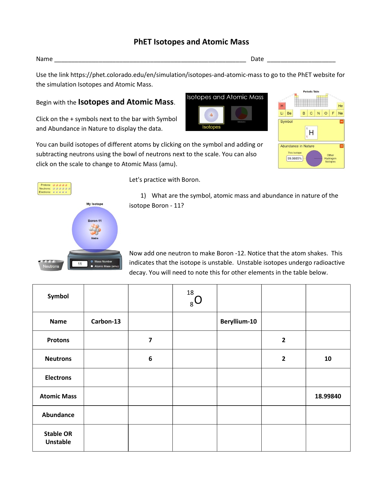 PhET Isotopes WS In Atoms And Isotopes Worksheet Answers
