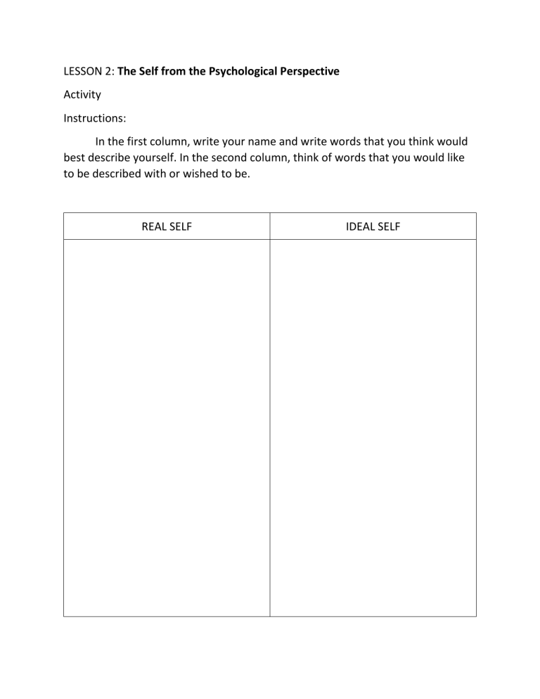 Lesson 2 Activity Real Self Vs Ideal Self 7085