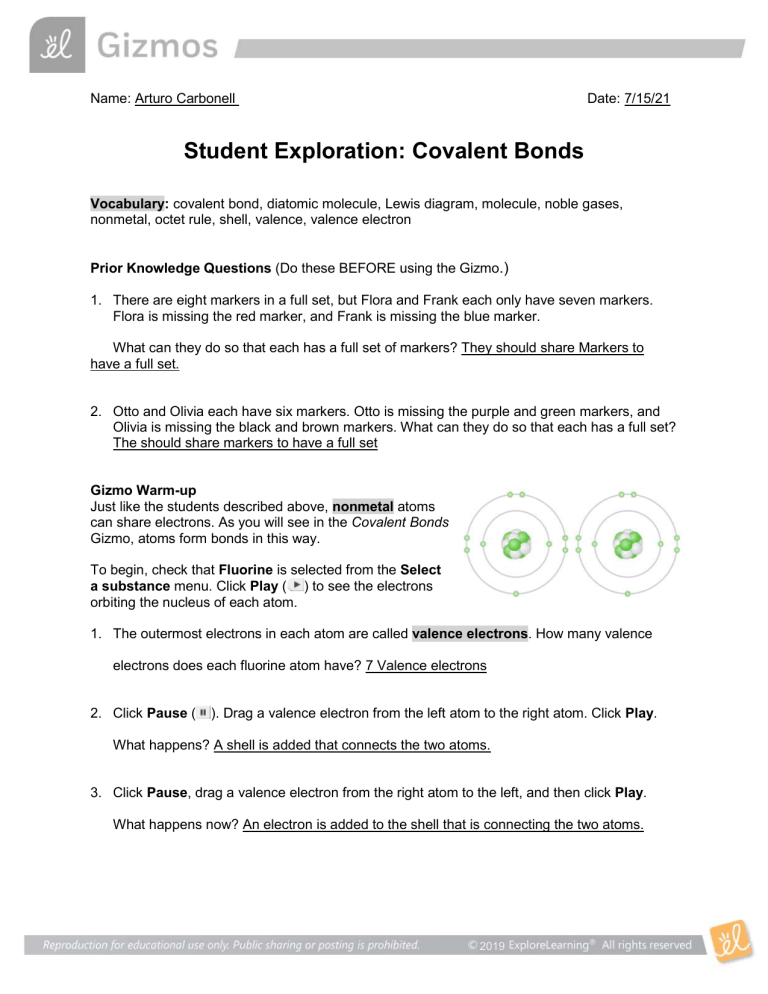 Covalent Bonds Student Exploration Worksheet