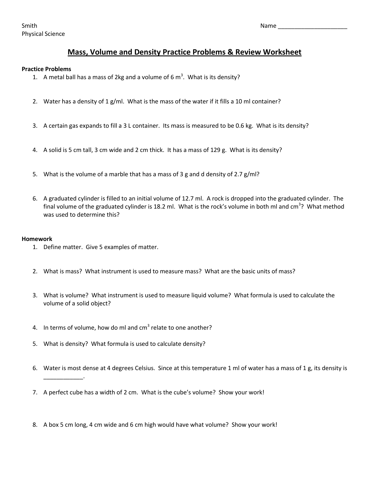 Mass, Volume and Density Review Worksheet Throughout Mass Volume Density Worksheet