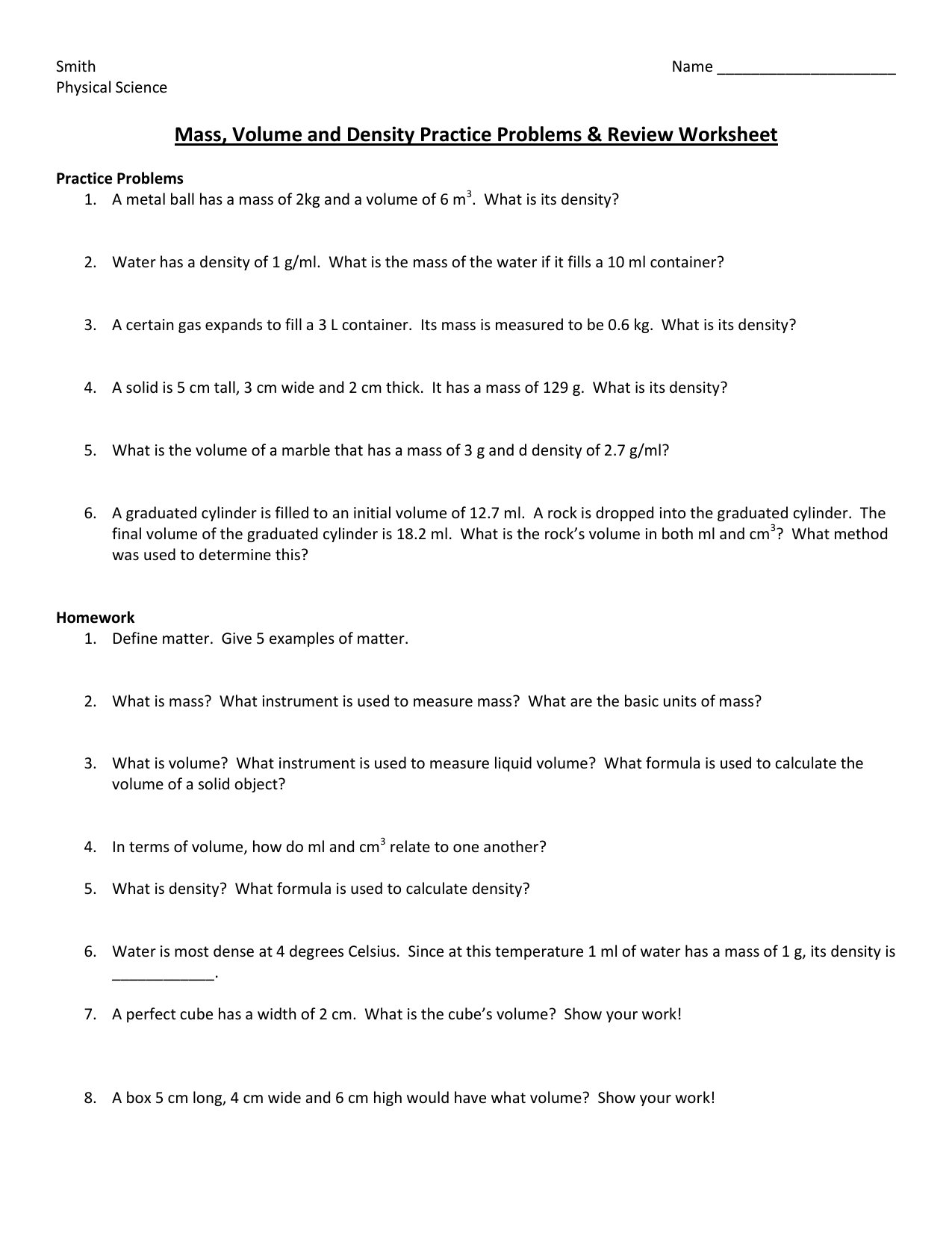 Mass, Volume and Density Review Worksheet With Mass Volume Density Worksheet