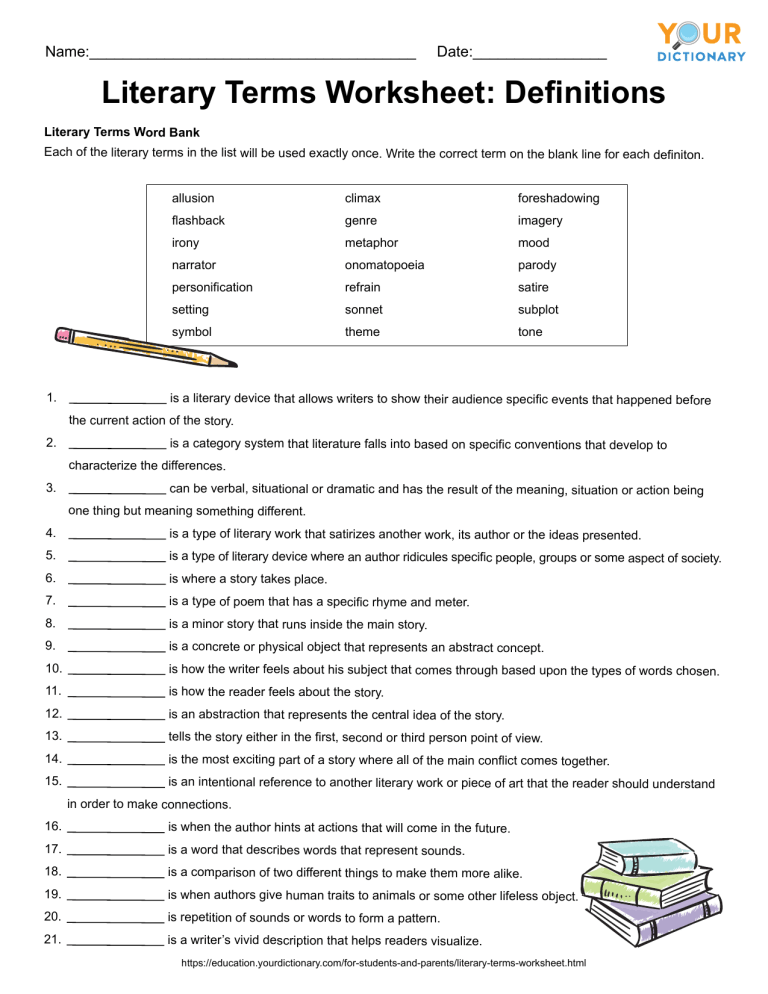 Literary Terms Definitions Worksheet