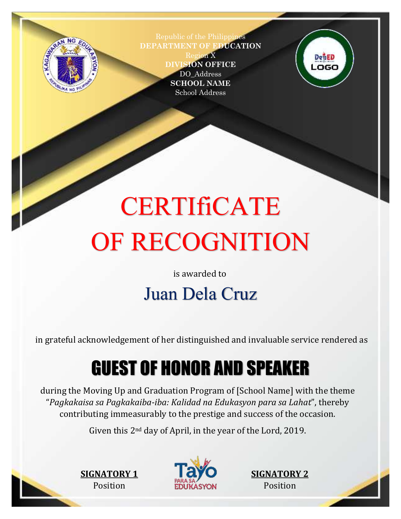 Sample Certificate Of Appreciation For Guest Speaker Deped Free Word