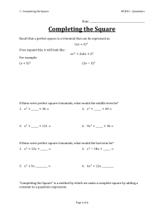 Worksheet Completing the Square