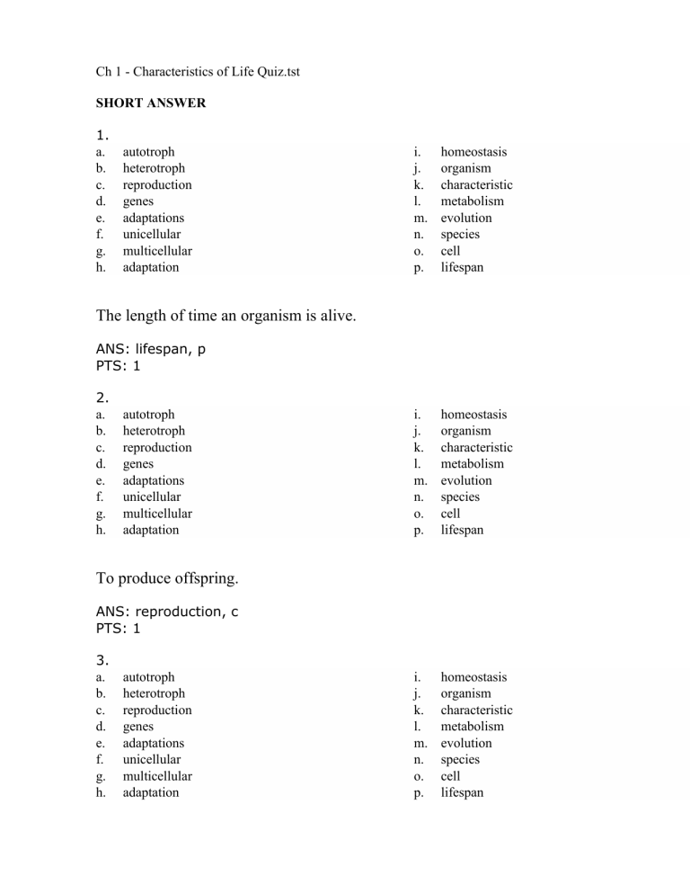 Ch 1 Characteristics Of Life Quiz tst