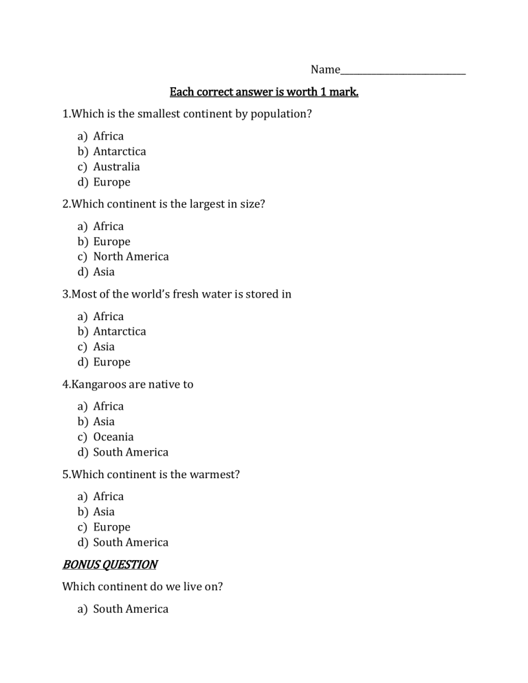 Continent Quiz Grade 5