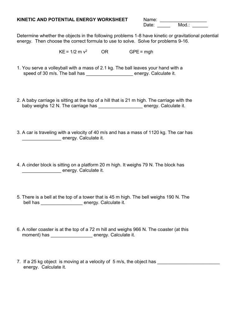 Kinetic And Potential Energy Worksheet