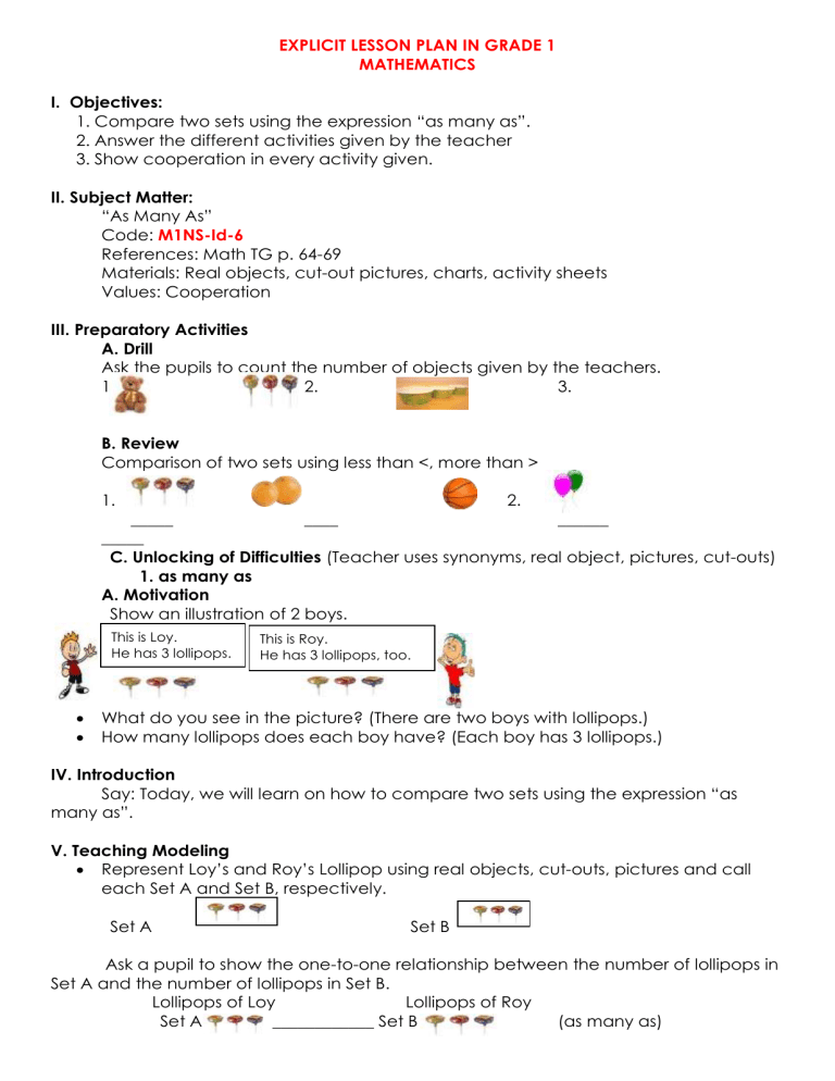 EXPLICIT LESSON PLAN IN GRADE 1