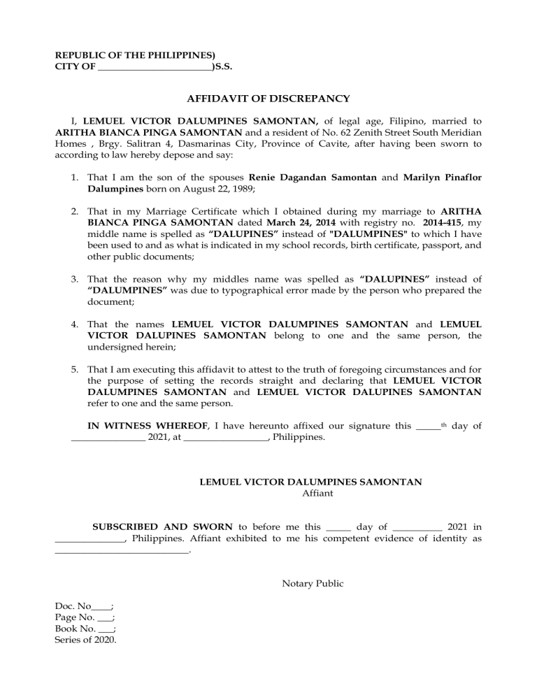 Affidavit Of Discrepancy Marriage Certificate