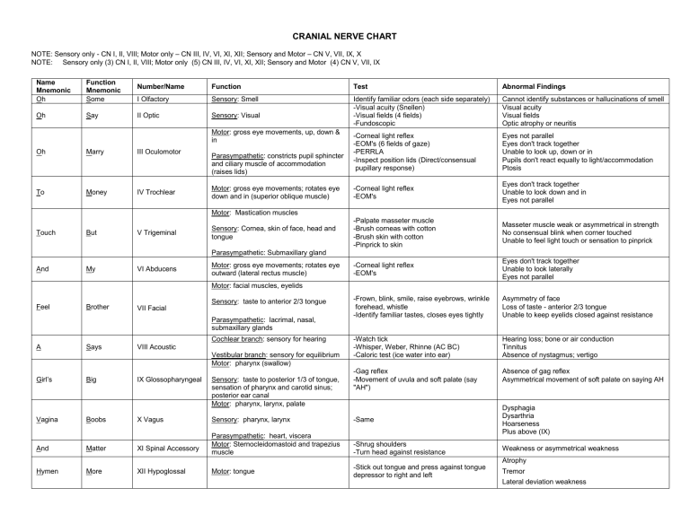 CRANIAL NERVE CHART