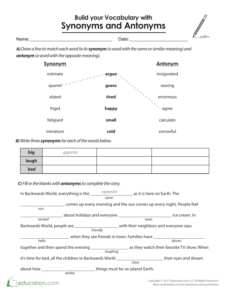 Build vocabulary synonyms antonyms