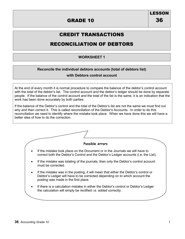 Debtors Reconciliation Worksheet: Grade 10 Accounting