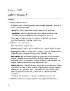 Nursing Law Lecture Notes: Definitions, Sources, and Regulations