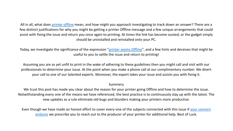 What Does Offline Mean On My Printer