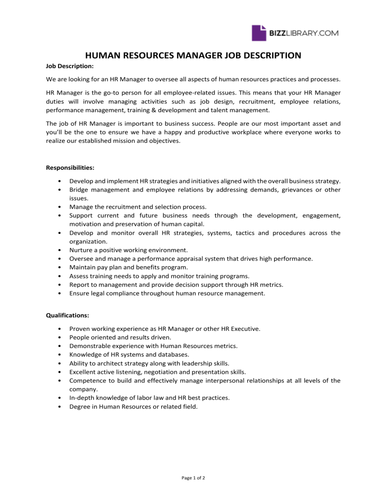 Human Resources Manager Job Description