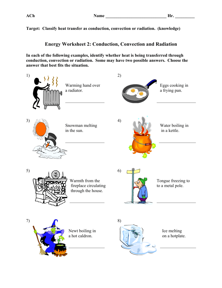 Heat Transfer Worksheet Conduction Convection Radiation