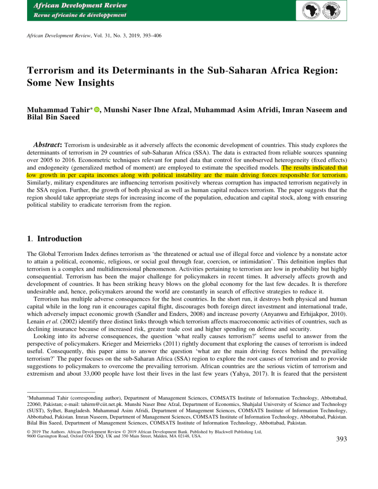 Terrorism And Its Determinants In The Sub‐Saharan Africa Region Some ...