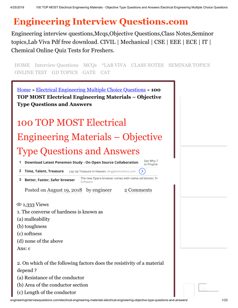 100 TOP MOST Electrical Engineering Materials Objective Type Questions And Answers Electrical 