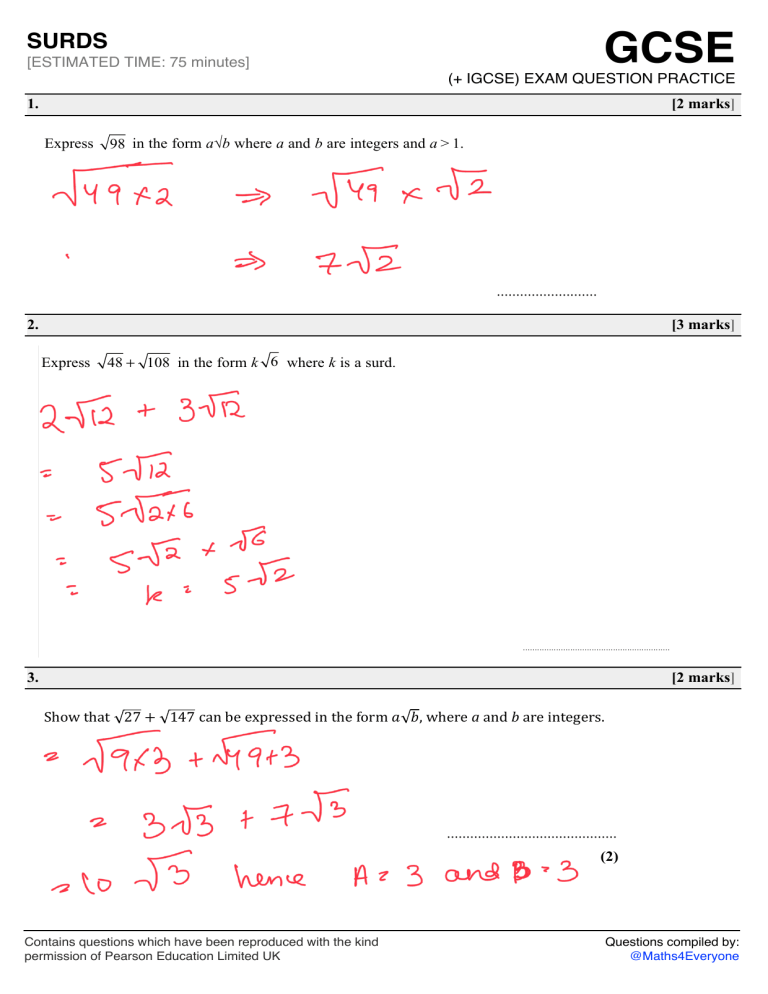 Surds gcse 9 1 practice questions 30212