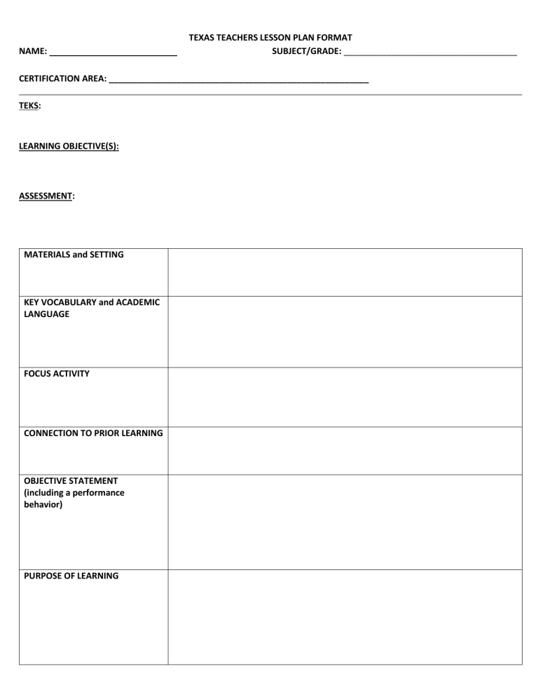 2021 TEXAS TEACHERS LESSON PLAN