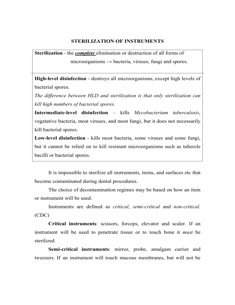 Sterilization in dentistry