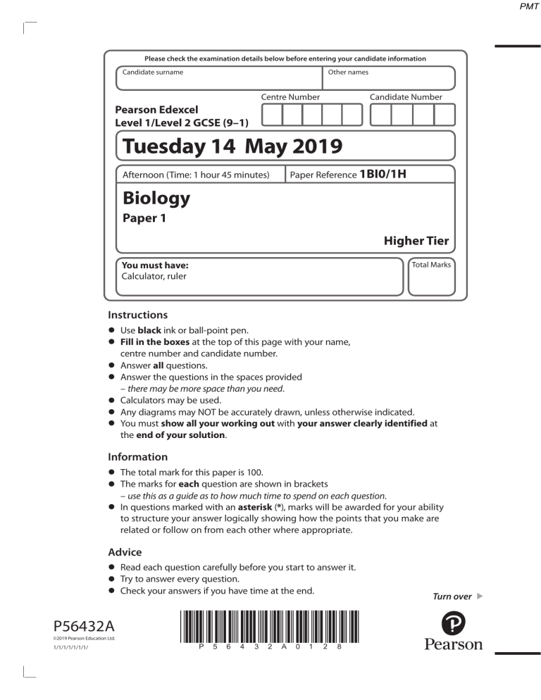 June 2019 QP Paper 1 H Edexcel Biology GCSE