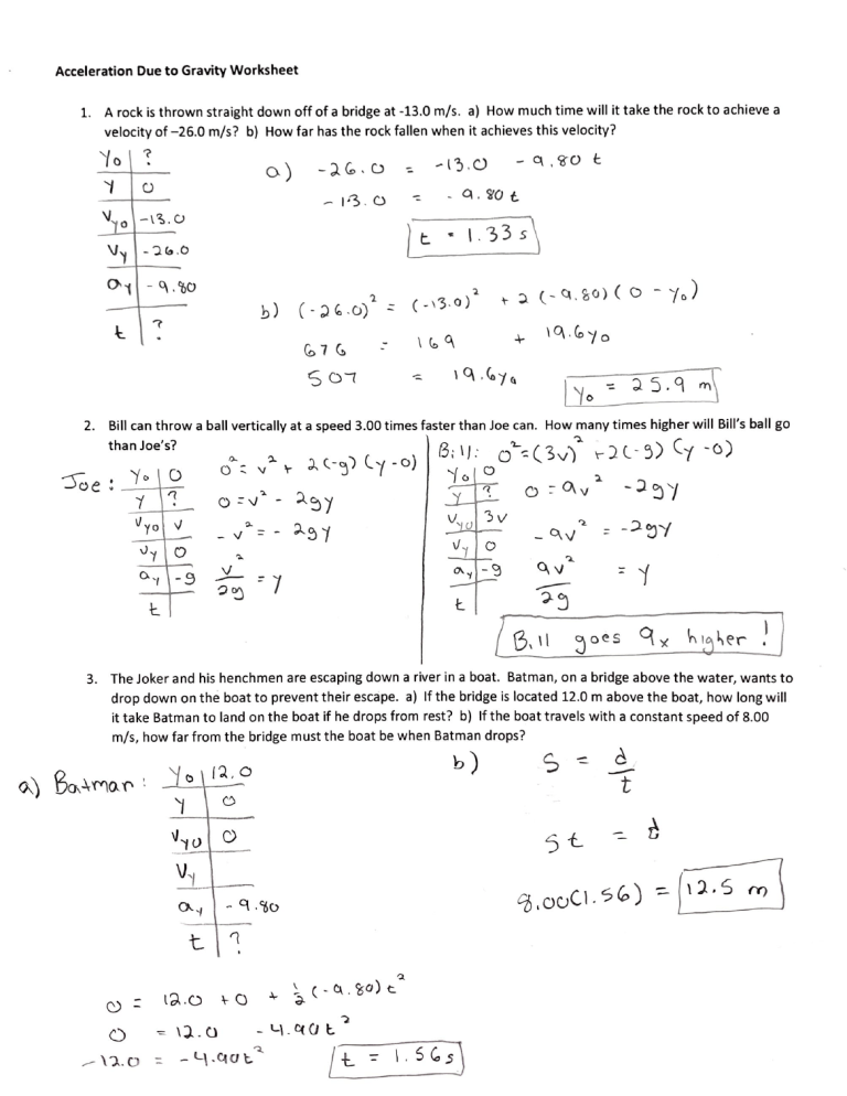 Acceleration Due To Gravity Worksheet Key