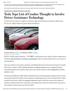 Tesla Tops list of crashes thought to invovle driver-assistance technology