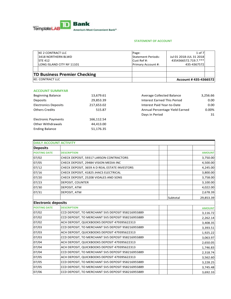 TD Bank Statement TemplateLab