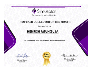 Certificate for Top Cash Collector of the month May