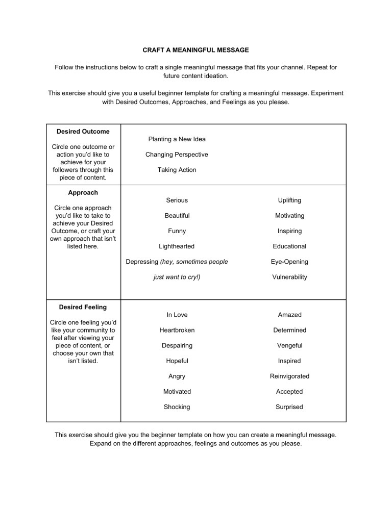 Sorelle Amore Meaningful Messaging Worksheet