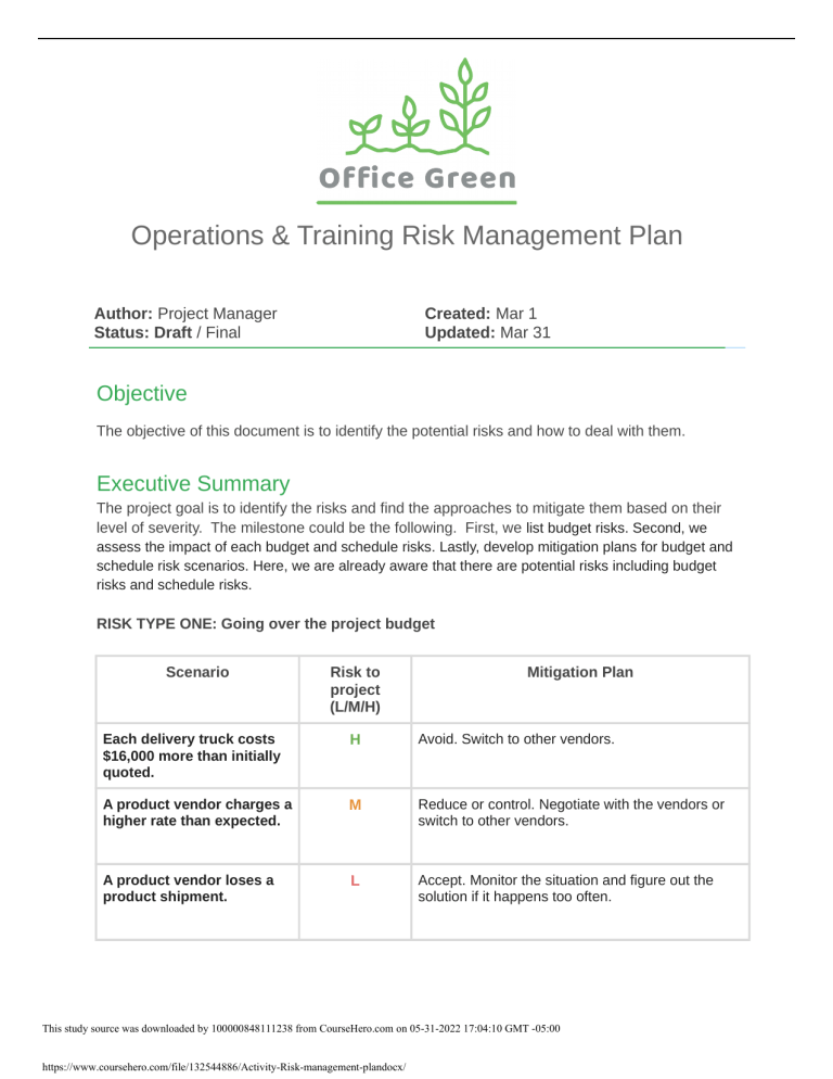 peer graded assignment create a risk management plan