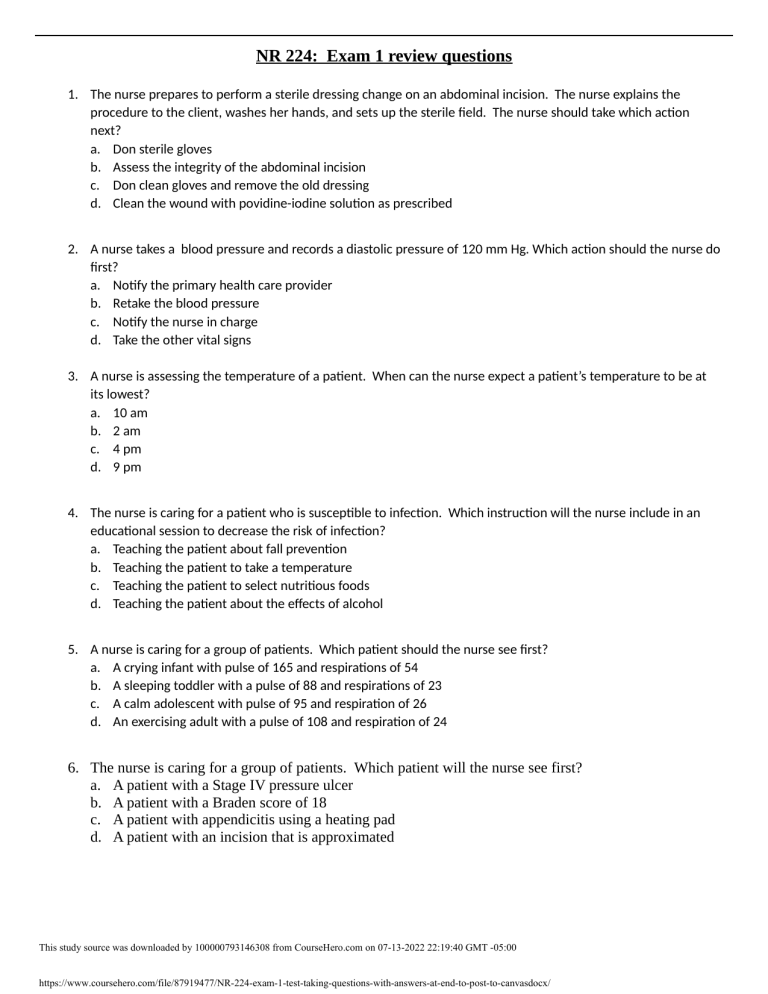 NR 224 Exam 1 Test Taking Questions With Answers At End To Post To ...