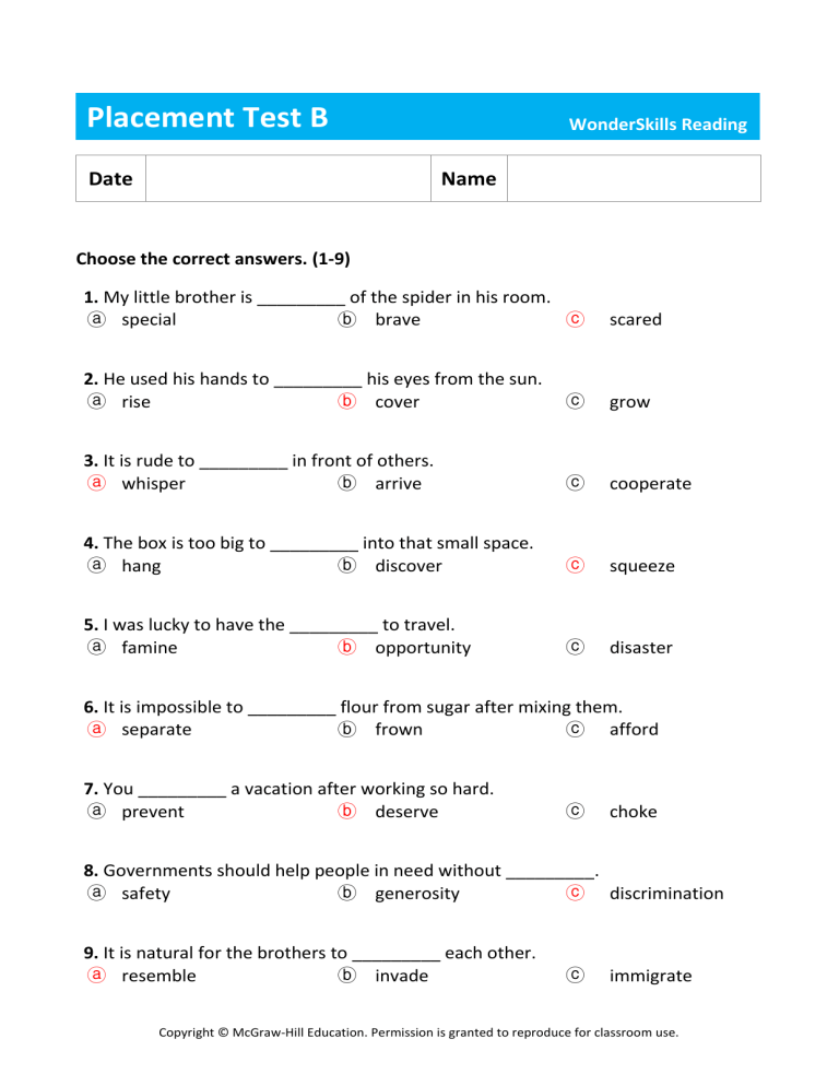 WonderSkills Reading Placement Test B with Answers 