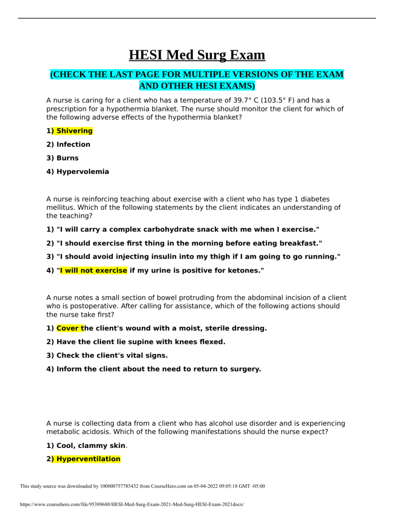 HESI Med Surg Exam 2021 Med Surg HESI Exam 2021.docx