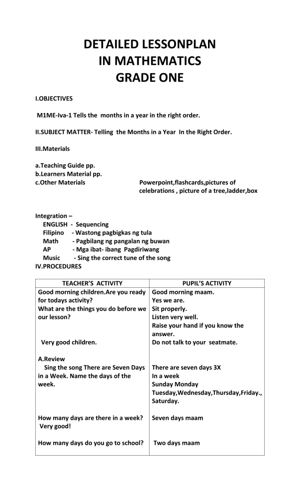 Grade 1 Math Lesson Plan Months Of The Year