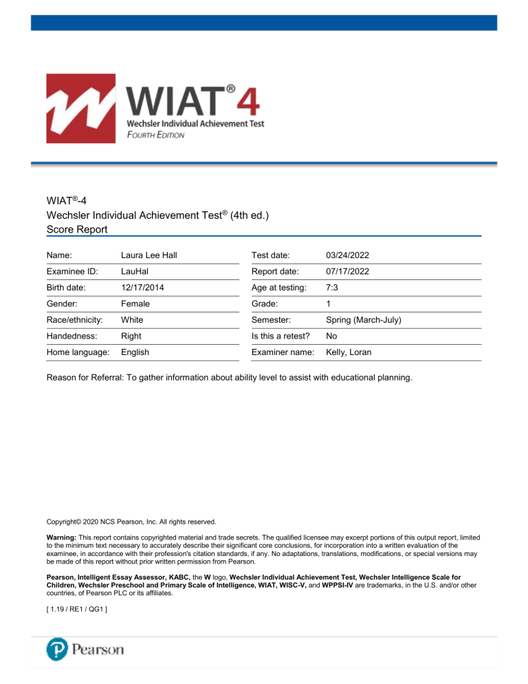 WIAT4 Score Report 41106045 1658075107922