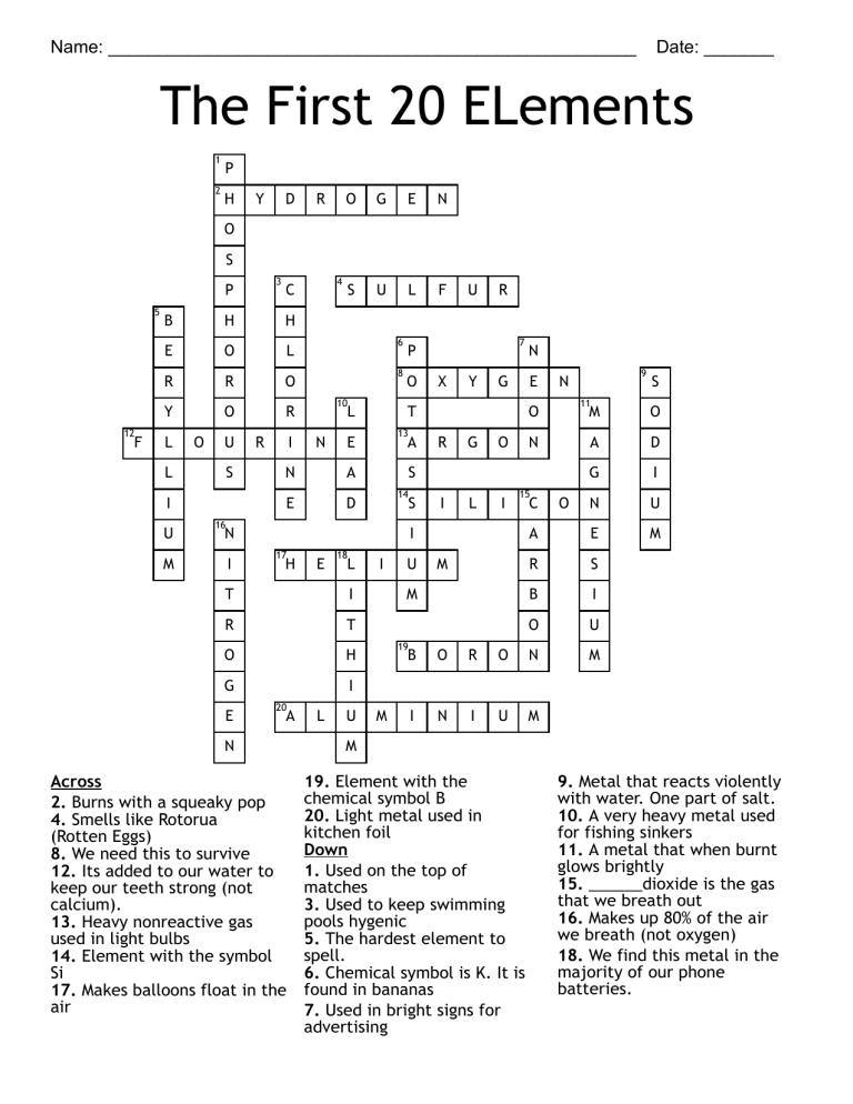 The First 20 ELements Answer Key