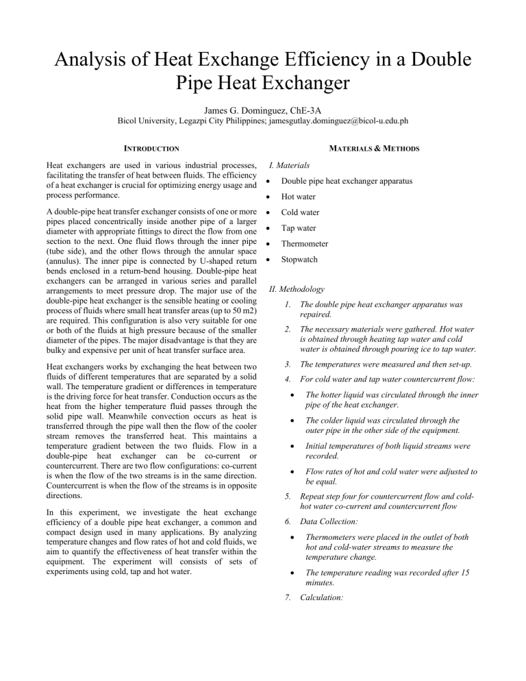 Heat Exchanger Efficiency Analysis: Double Pipe Experiment