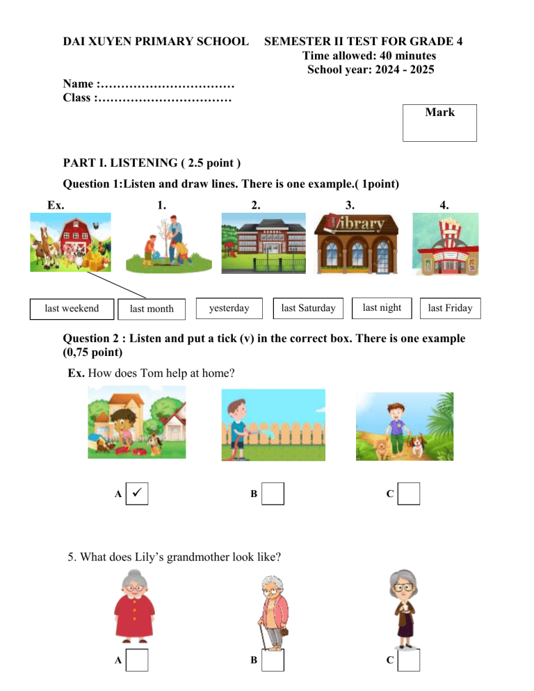 Grade 4 English Test: Listening, Reading, Writing