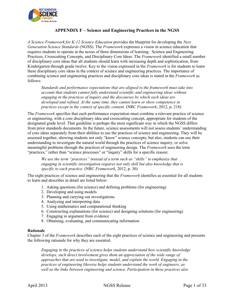 NGSS Science & Engineering Practices: K-12 Framework & Rationale