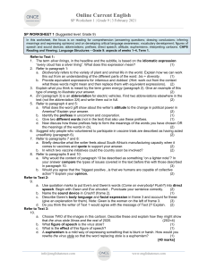 Grade 9 English Worksheet: Reading Comprehension & Language