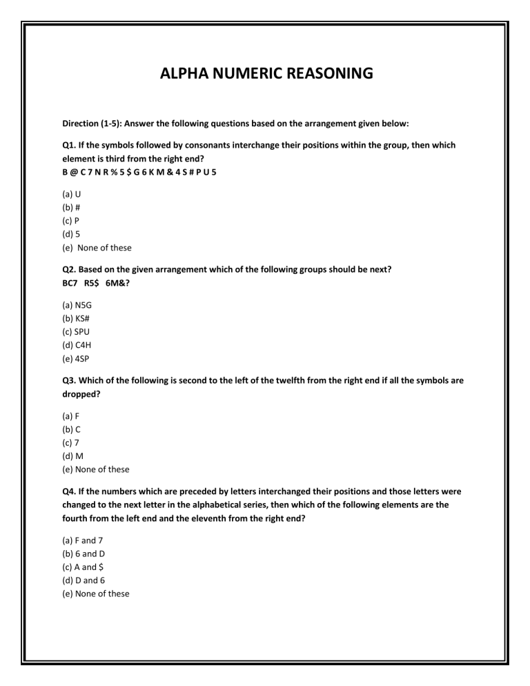 Alpha Numeric Reasoning Practice Questions