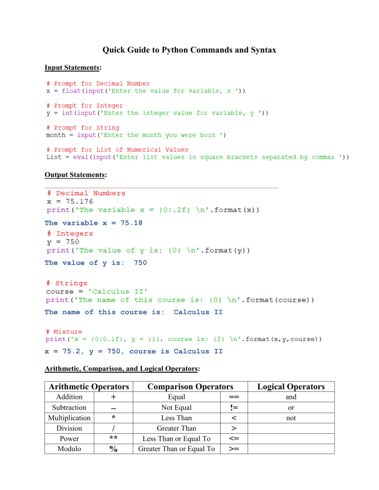 Python Commands & Syntax Quick Guide