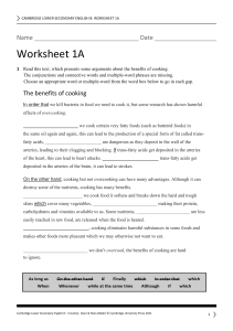 Cooking Benefits Worksheet: Middle School English